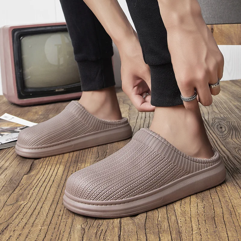 2021 Winter Cotton Slippers Men's House Non Slip EVA Waterproof Half Pack Heel Slippers Keep WarmThickened Plush Slides For Male