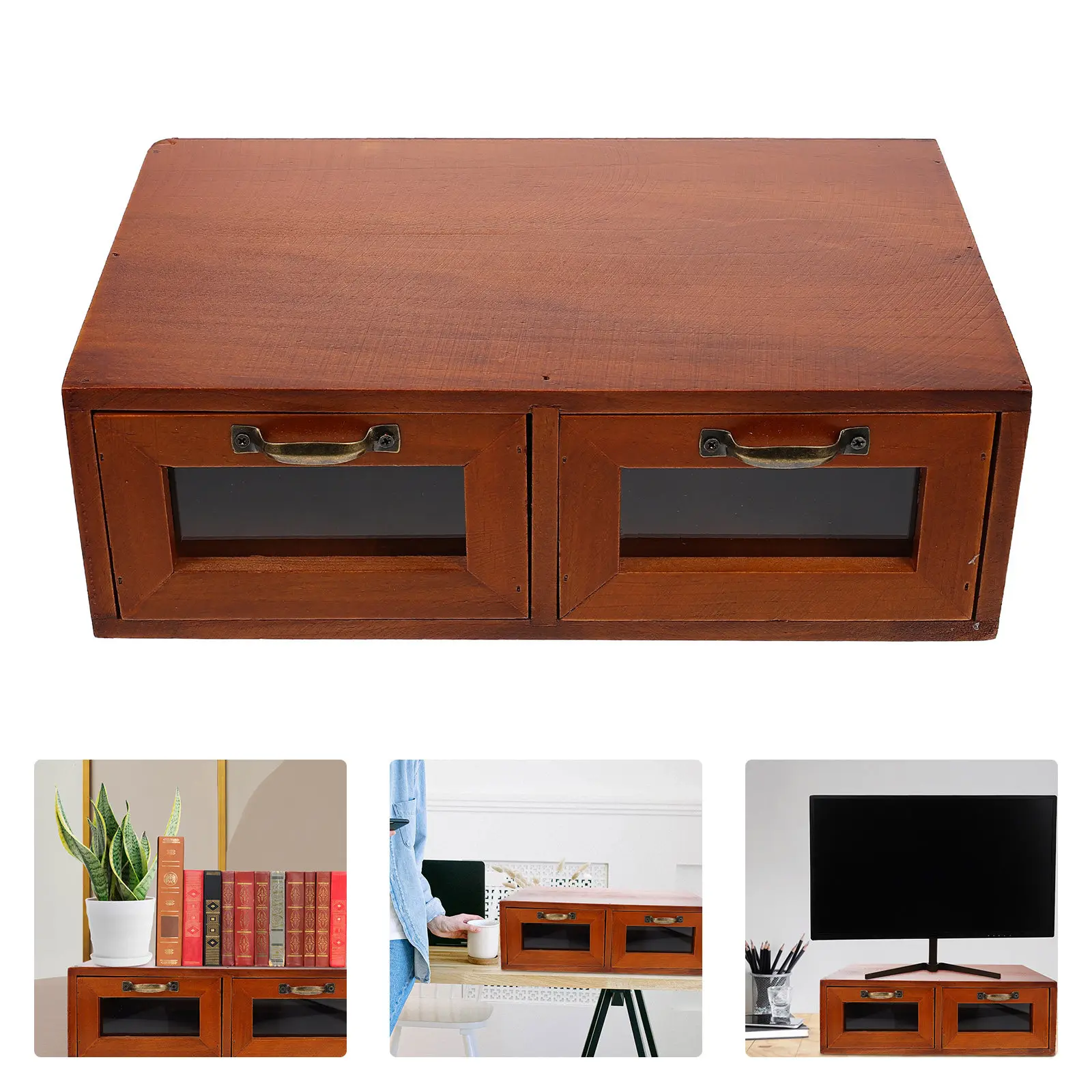 

1 шт. Настольный органайзер-подставка для хранения в ретро-стиле, деревянный, со стеклянными ящиками, для украшений и косметики, многофункциональный