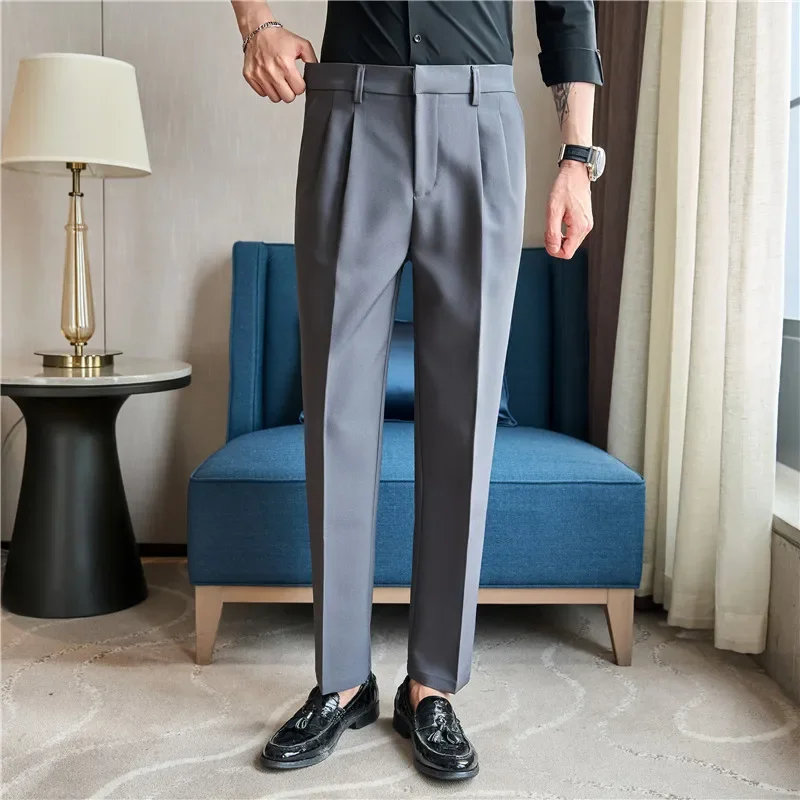 2024 Men Elastic Waist Business Casual Suit Pants Are Fashionable Comfortable Slim Fit Slightly Elastic and High-end Suit Pants