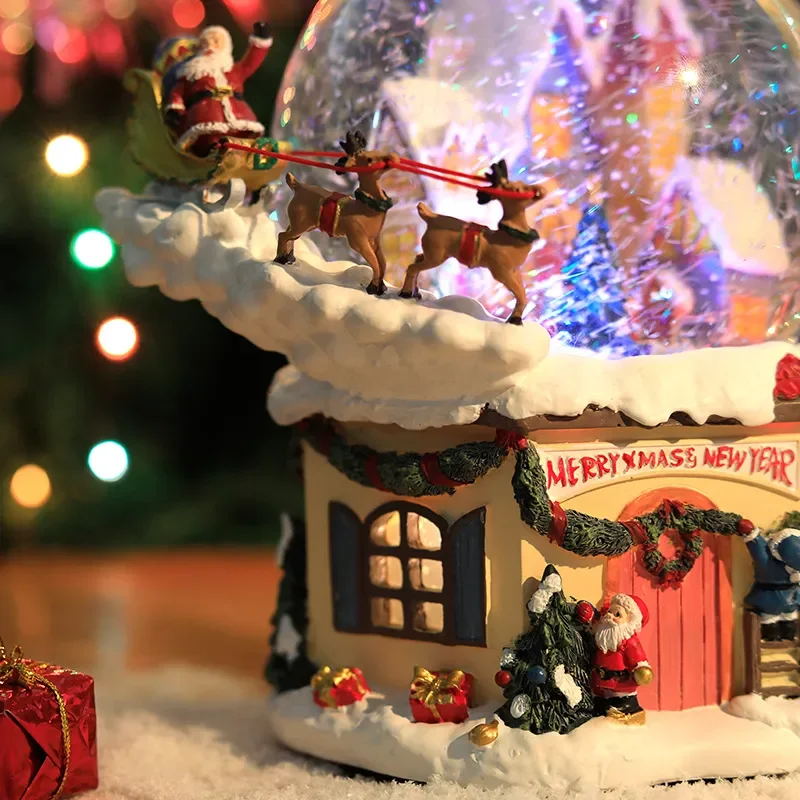 120mm Christmas House Music Box with Deer Sleigh and Crystal Ball Electric Snowing Decoration Holiday Gift for Kids Home