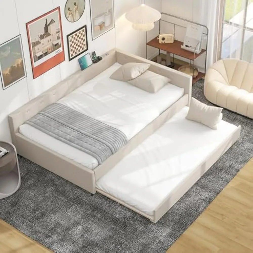 

Полноразмерный каркас кровати с выдвижной выдвижной отделкой, современная льняная мягкая кровать-платформа со встроенным USB-портом, компактная деревянная кушетка с