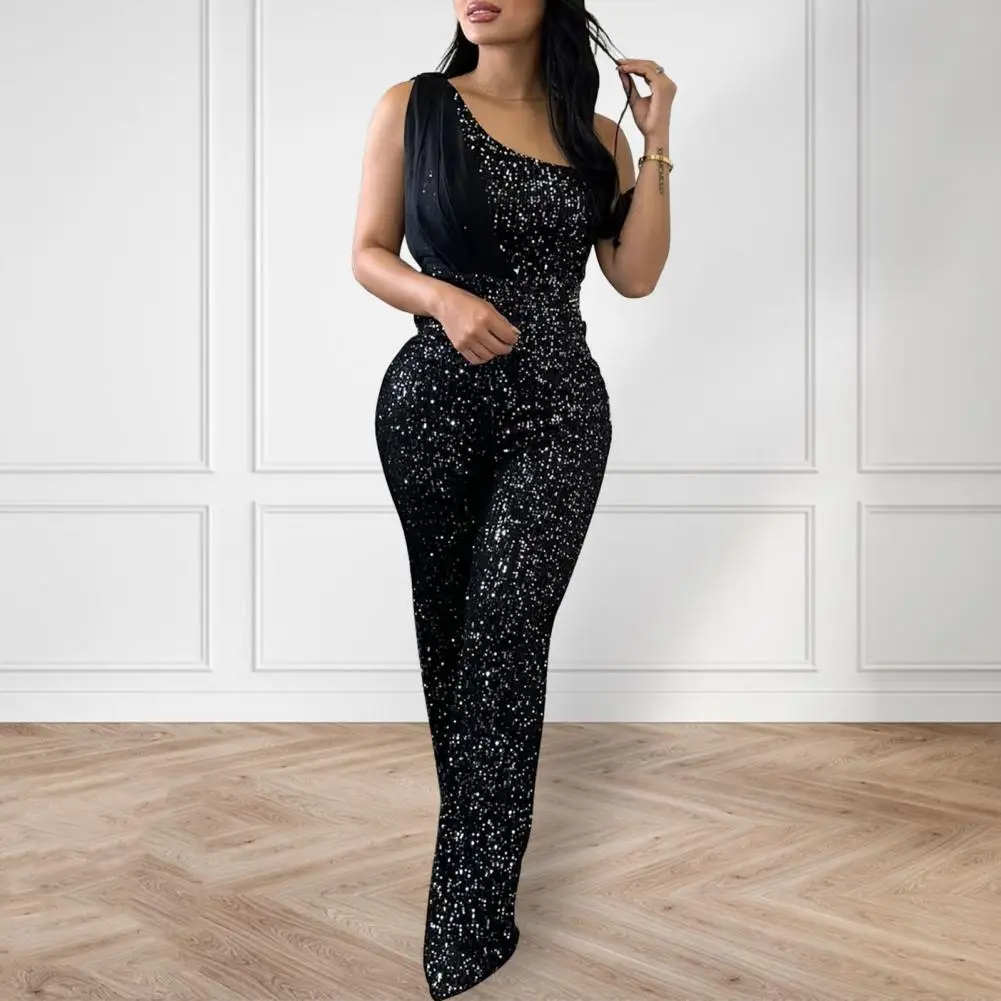 Jumpsuit payet berkilau, Jumpsuit pesta satu bahu payet berkilau untuk wanita elegan Bodycon pakaian untuk malam ulang tahun