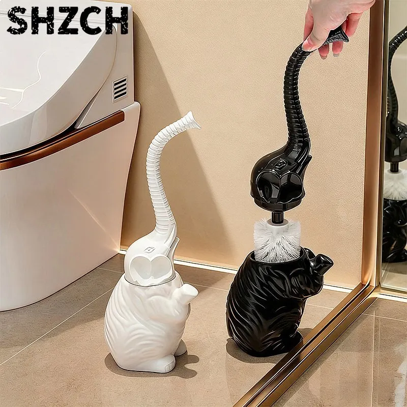 Creative Black White Elephant Toilet Brush Set Artistic Animal Cleaning Tool for Hotel Home