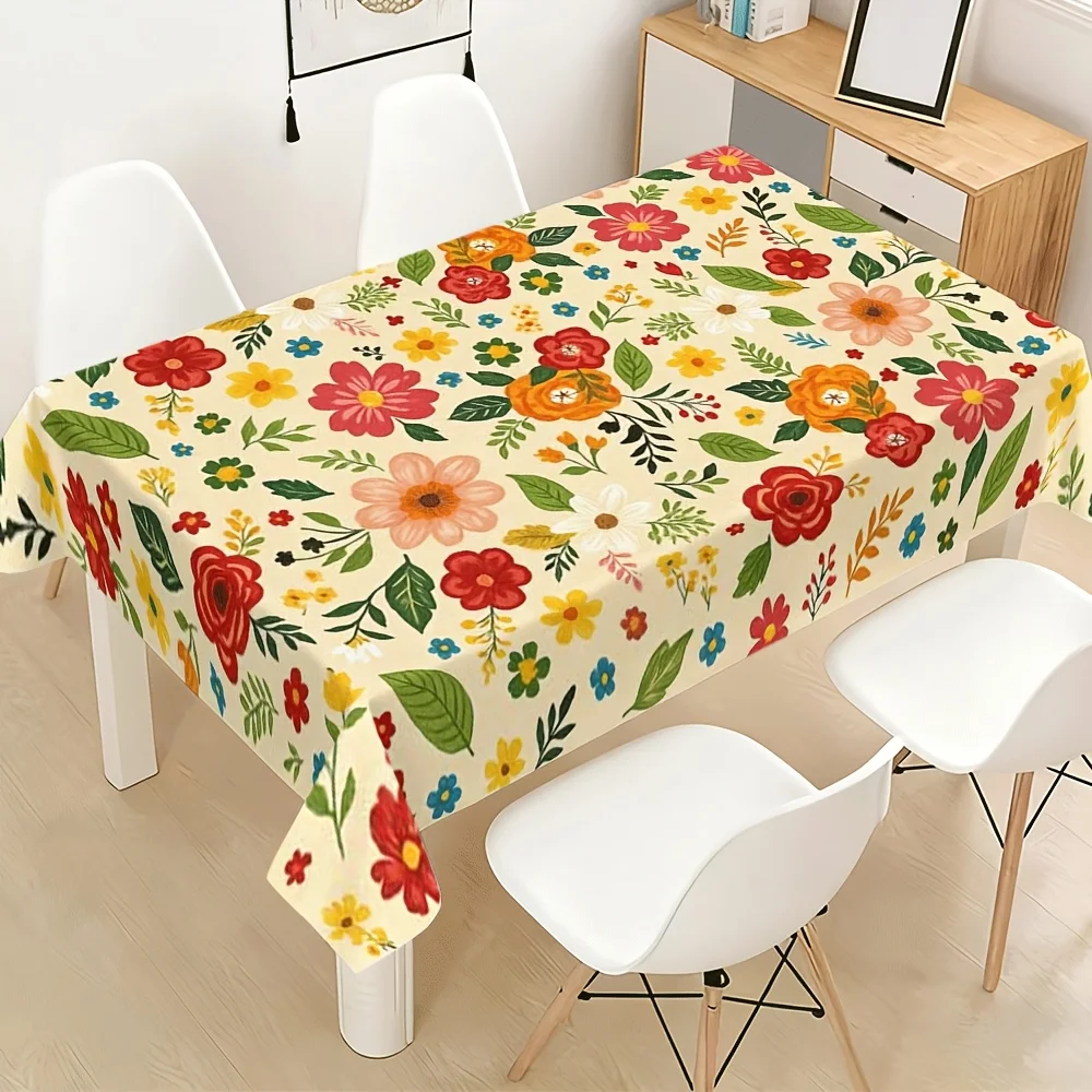 1pc High-End Versatile Spring Multicolor Hand-Painted Floral 2D FLAT Tablecloth with an Artistic Atmosphere, Beautiful, Machine Washable, Easy to Clean, for Living Room / Studio / Dining Table / Picnic / Guesthouse Decoration / Photo Backdrop /