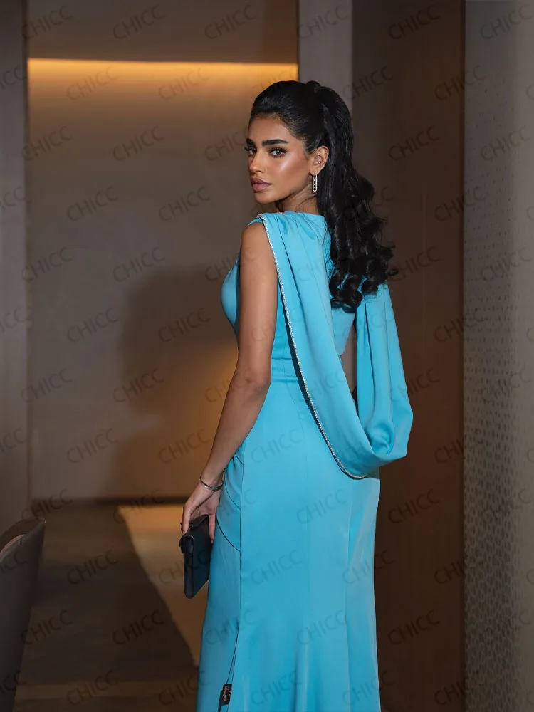 エレガントなブルーのイブニングドレス V ネック ノースリーブ マーメイド プロムドレス プリーツ ロング アラビア語 結婚式 ゲスト パーティー ガラ ガウン カスタマイズ