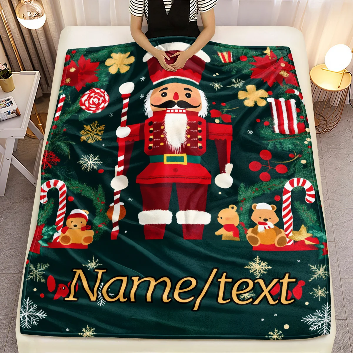 Custom Name Christmas Nutcracker Blanket- Lightweight Flannel Throw for Sofa, Camping, Livingroom, Office, Chair, and Bed - Digi