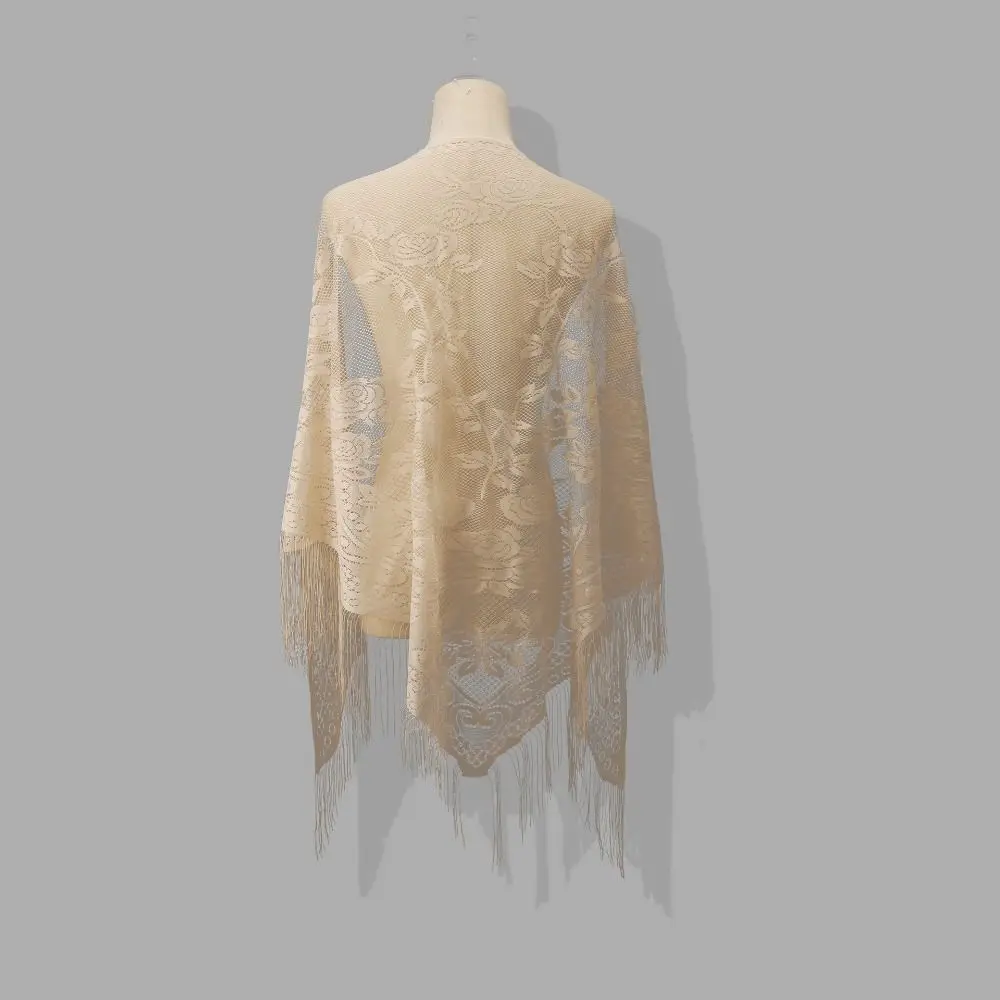 Floral Embroidery Women Lace Scarf With Tassels Transparent Mesh Evening Prom Cape Lightweight Tulle Wedding Bridal Shawl