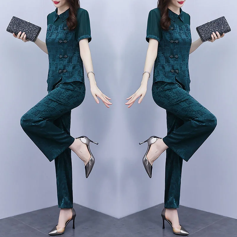 Women Net Red Fashion Wide Wife Sets 2022Summer Female Temperament Covering The Flesh Showing Thin Wide-leg Pants Two-piece Suit