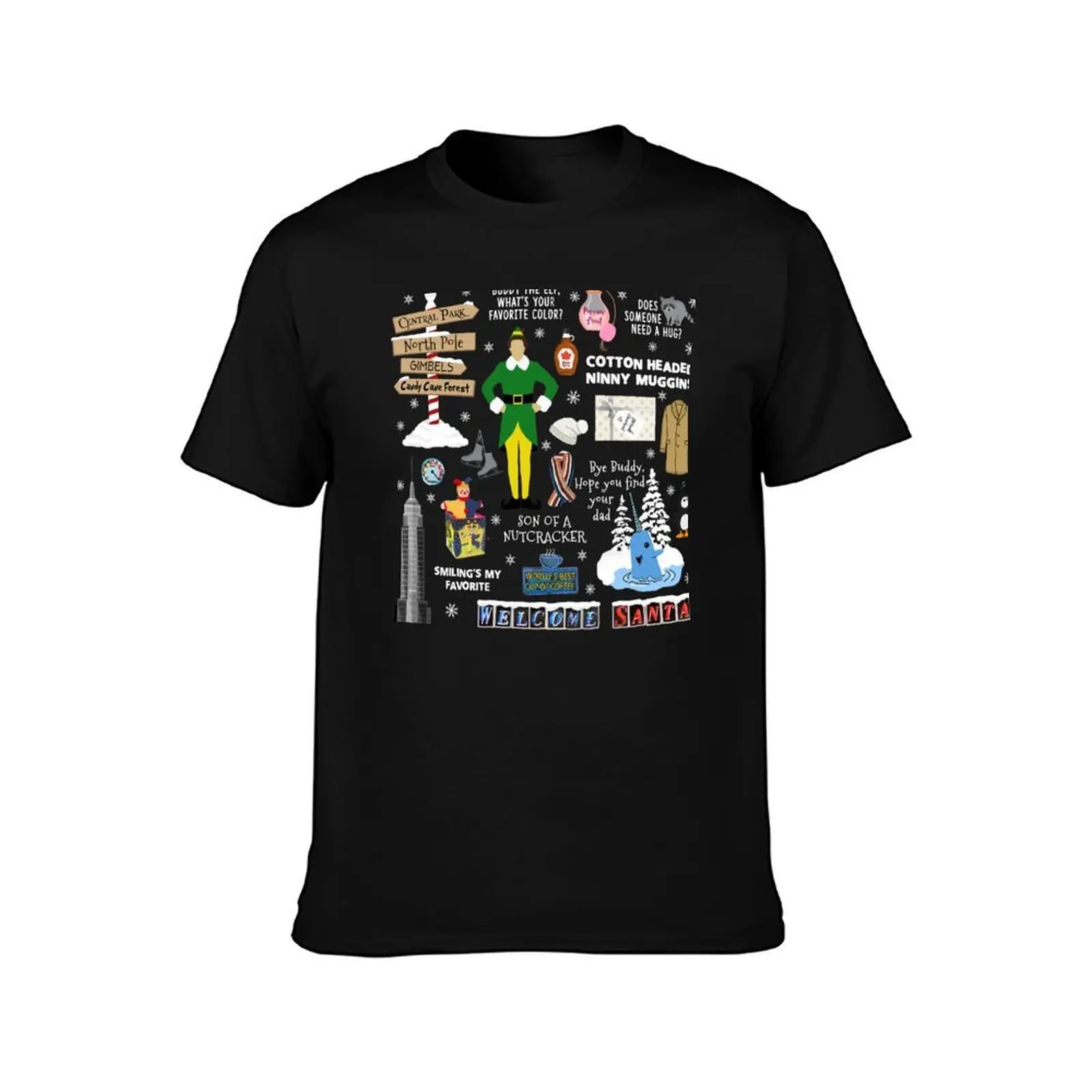 Buddy the Elf collage, Blue background T-Shirt, Summer Casual Cotton Tee, Oversized Streetwear Tops, Vintage Graphic Print