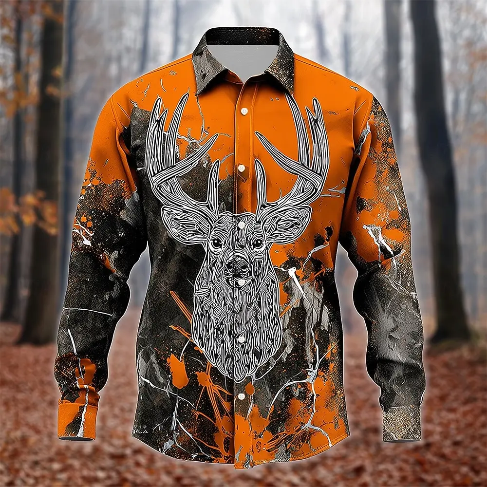 Retro Men's Reindeer Aztec Indian Culture Shirt  Long Sleeve Shirt Casual Men's Tops Ethnic Vintage 3D Print Collared Shirt