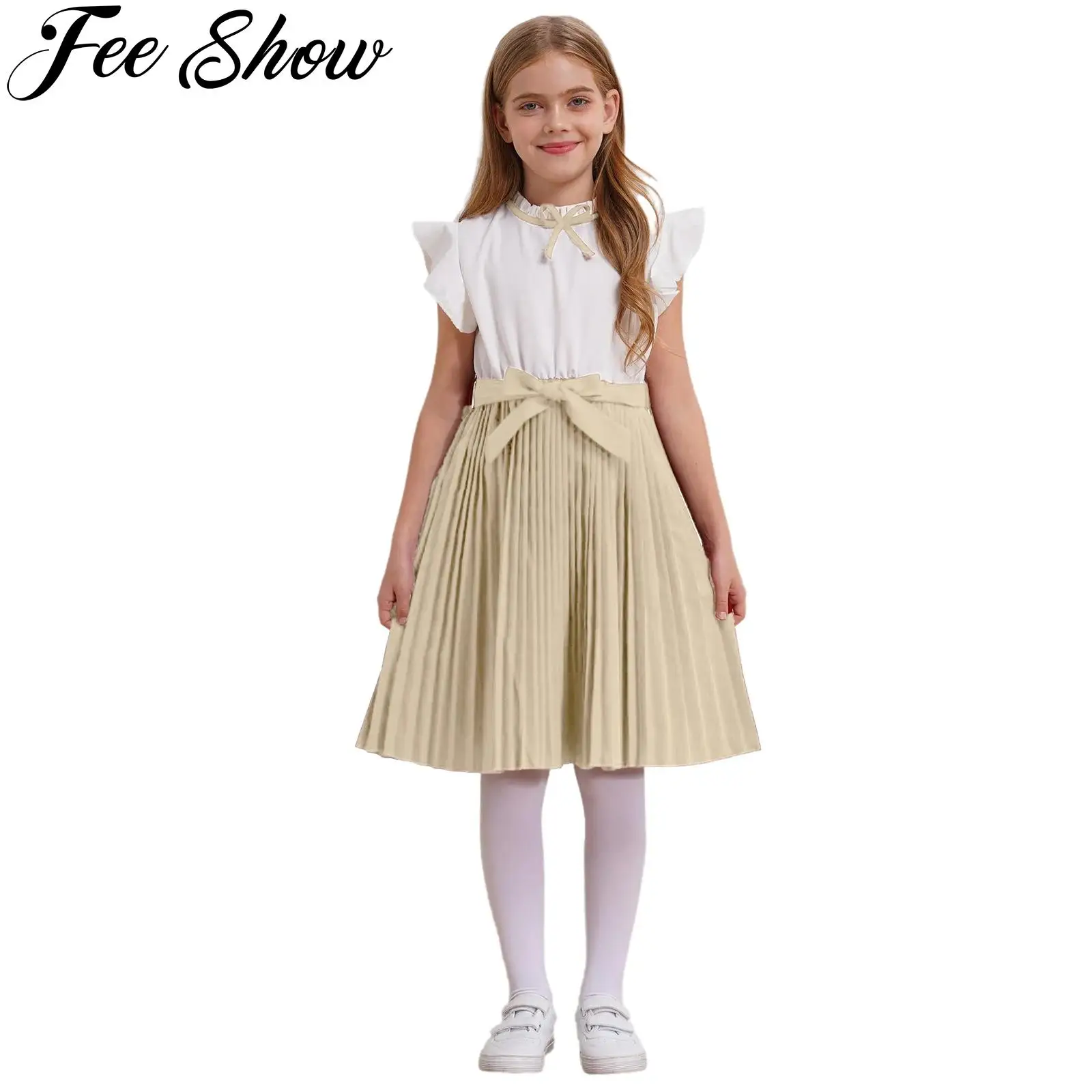 Kids Girls Clothes Causal School Uniform Dress Flutter Sleeve Ruffle Bowknot Color Block Pleated Dresses Shirtdress with Belt