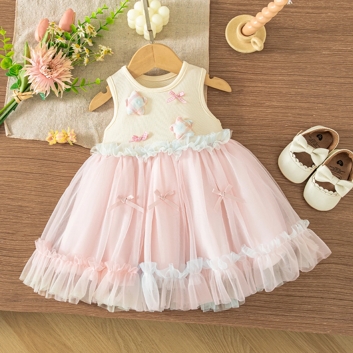 Summer Sweet Princess Toddler Dress Korean Style Cute Bow Sleeveless Splice Birthday Party Baby Girl Fairy Dress