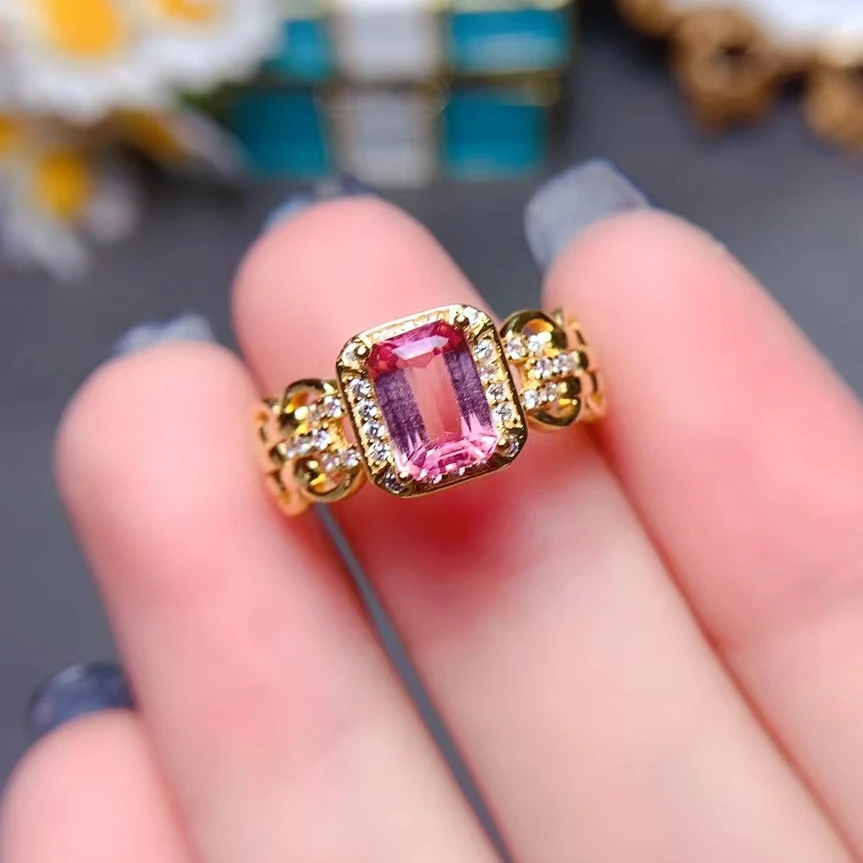 

Trendy Design 925 Silver Tourmaline Ring for Party 5 * 7mm Natural Pink Tourmaline Jewelry with Gold Plated Gemstone Silver Ring