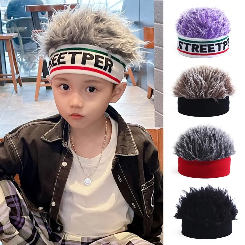 

Portable Funny Kids Wig Hat Knitted Elastic Beanies Cap Cool Personality Hair Integrated Headwear Children