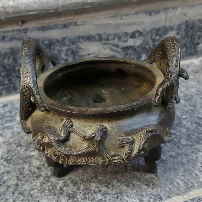 Vintage Bronze Incense Burner Statue Carved Dragon qianlong lucky Censer Pot