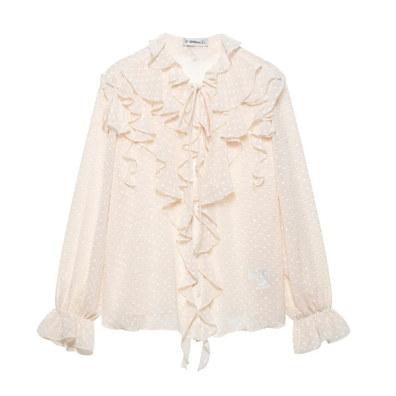

Elegant Round Neck Tied Layered Women's Fashion Long Sleeve French Chiffon Long Sleeved Shirt Chiffon Long Sleeved Shirt