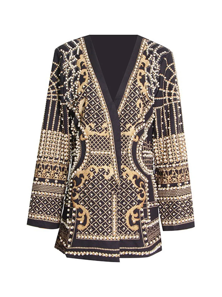 Retro Suit 2024 New Fashion V-neck Nail Bead Print Long Sleeved High-end Suit Jacket for Women's Jacket