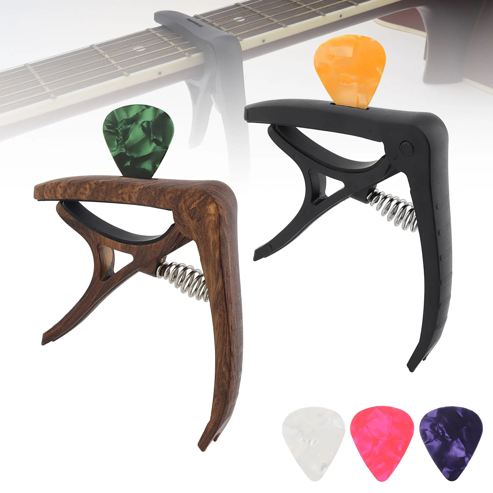 2 pcs Imitation Wood Grain Guitar Capos for Acoustic / Electric Guitar / Banjo / Ukulele with Pick Holder & Pin Puller & 5 Picks