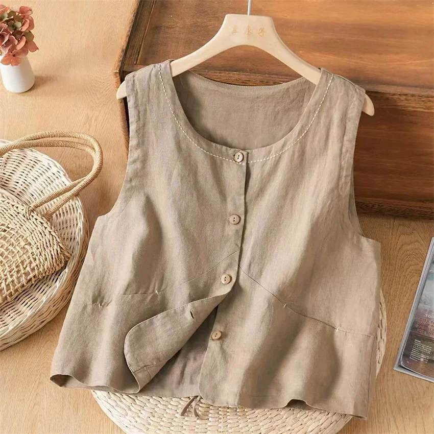 

Новая женская жилетка из хлопка и льна 2026 года, модная однотонная безрукавка с круглым вырезом, большие размеры, укороченная модель WZ2565