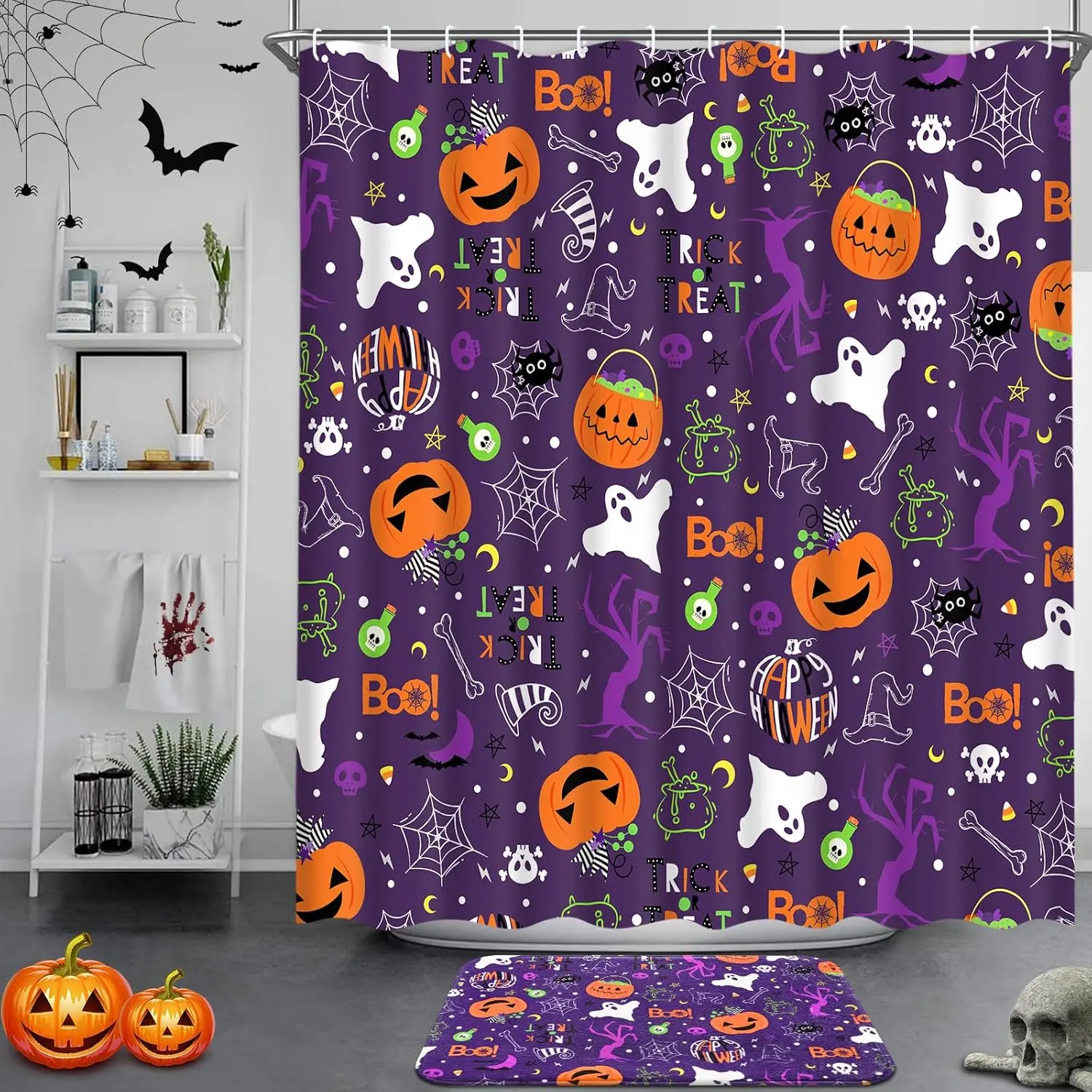 Halloween Pumpkin Shower Curtain Set Spooky Ghost Bathroom Sets with Shower Curtain and Rugs Spider Web Shower Curtain