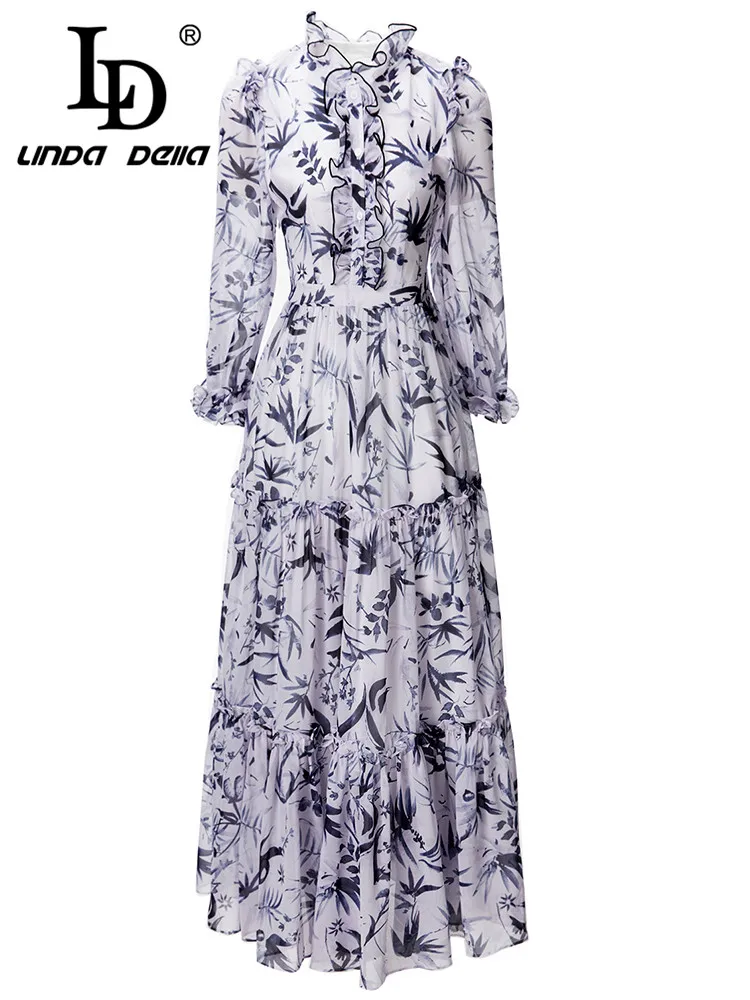 

LD LINDA DELLA Autumn and winter Birthday Dress For Women's Ruffled Single-breasted Splice Print Vintage Slim Fit Travel Dress