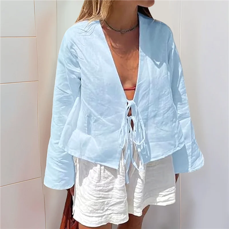 

ABRT-Tie Front Tops For Women Y2K Linen Shirts Flare Sleeve V Neck Going Out Clothes Casual Lace Up Blouses