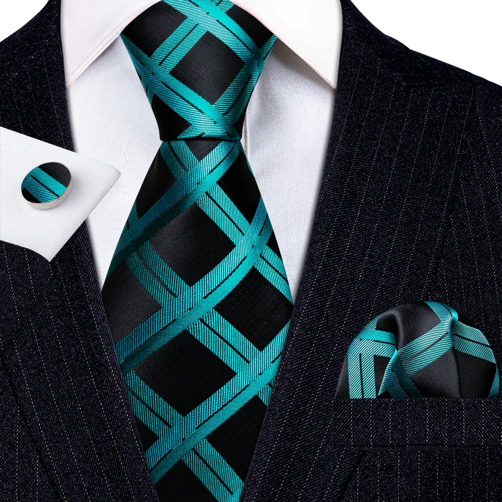 

New Teal Blue Plaid Silk Men Tie Wedding Gift Barry.Wang Designer 3PC NeckTie Handkerchief Cufflinks Set Business Groom LN-5813