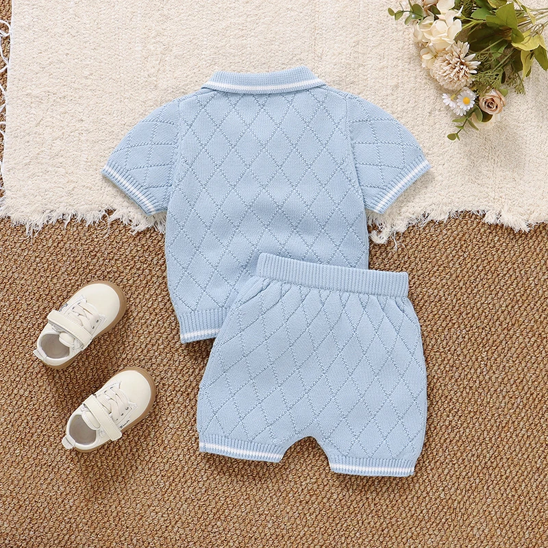 Infant Baby Clothes Sets Cotton Knitted Newborn Boy Pullover +Shorts Fashion Solid Toddler Child Sweater +Pants 2pcs Summer Suit