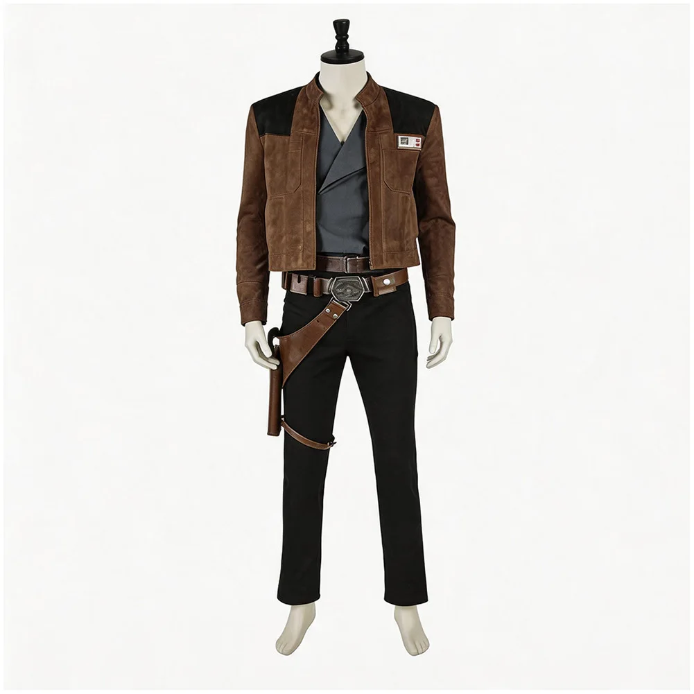 Han Solo Cosplay Costume Adult Men Top Brown Jacket Grey Shirt Black Pants Belt Holster Halloween Carnival Fancy Dress Outfit view 4