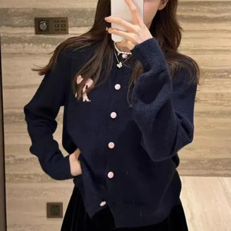 Knitted Cardigan Sweater Women\'s Autumn Winter 2024 New Spliced O-Neck Button Fashion Solid Color Loose Casual Long Sleeved Top