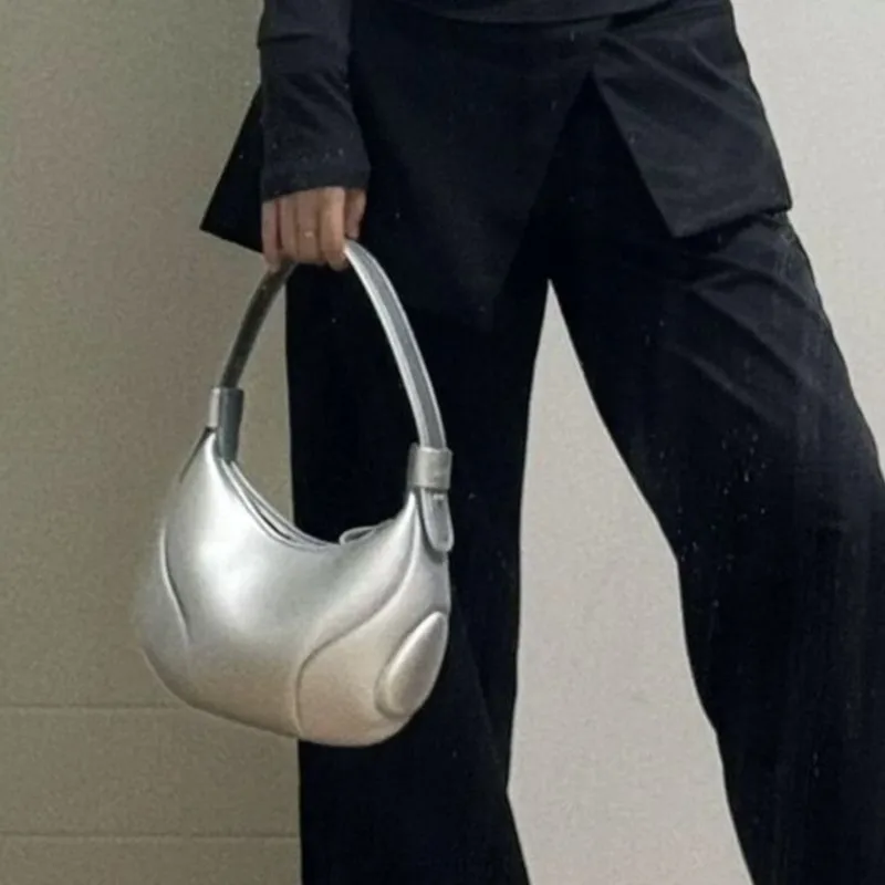 

Retro Silver Zipper Tote Bag Women Stitching Leather Large Capacity Shoulder Bag Ladies Hot Girl Fashion Trendy Y2k Underarm Bag