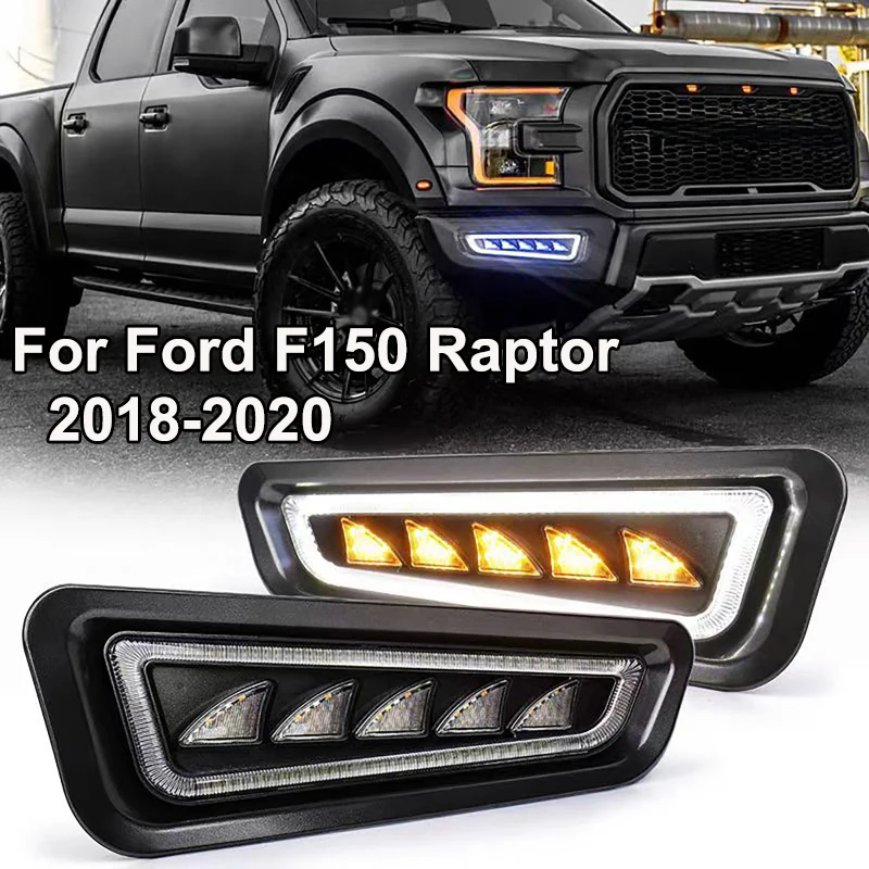 

2Pcs/set Clear Lens Car LED Fog Lights White and Amber LED Daytime Running Lights Turn Signal Fit for Ford F150 Raptor 2018-2020
