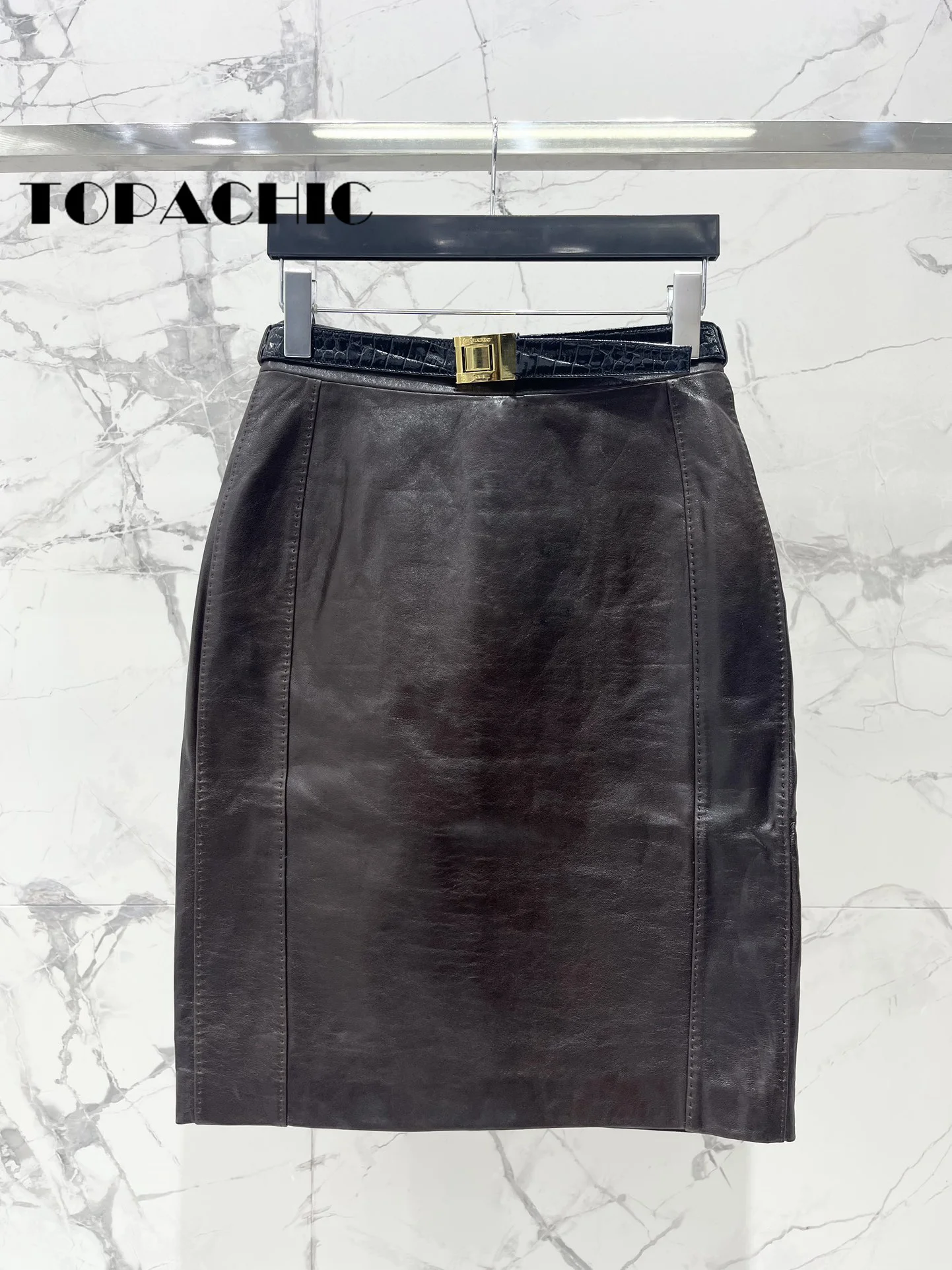 8.4 TOPACHIC-Women\'s High Quality Stitched Genuine Leather Skirt With Gold Belt Fashion All-matches Sheepskin A-Line Skirt