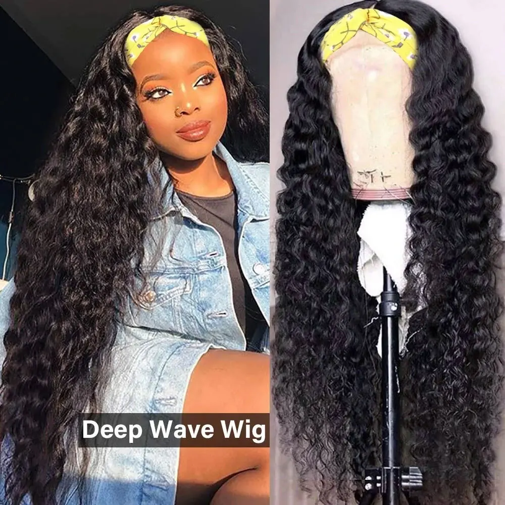 Headband Wigs Human Hair Deep Water Wave Human Hair Wigs 200% No Lace No Glue Machine Made Wig Beginner Friendly Curly Wigs