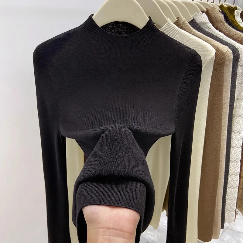 ニットセーター女性プルオーバーファッションモックネックニットセータープルオーバー女性トップス白長袖セーター Feminino 2025 Q769