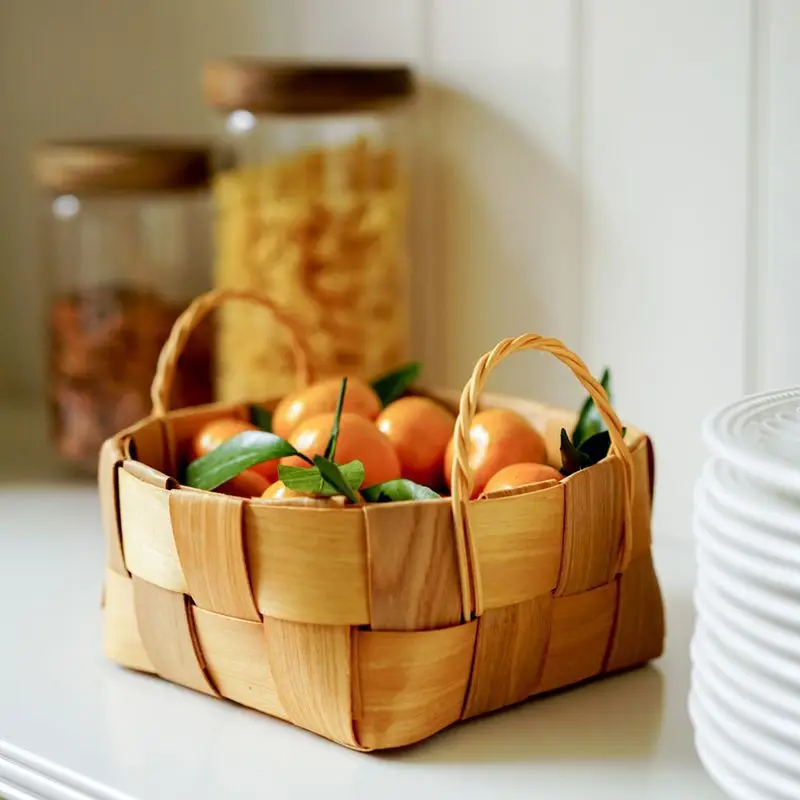 Handmade Wooden Chip Woven Bread Fruit and Vegetable Basket Snack