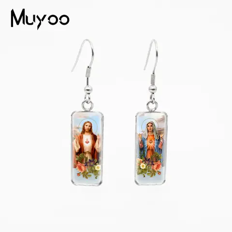 Jesus Christ Mother Mary Rectangle Fish Hook Earrings Jesus and Virgin Mary Jewelry Stainless Steel Fish Hook Earrings