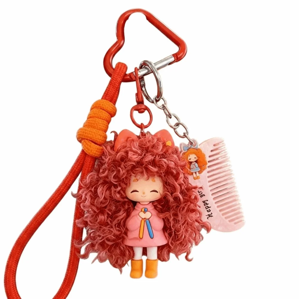 Soft Rubber Curly Hair Doll Keychain Hairbrush Pendant Colorful Halyard Heart Keyring Fluffy Texture Adorable Design Bag Pendant