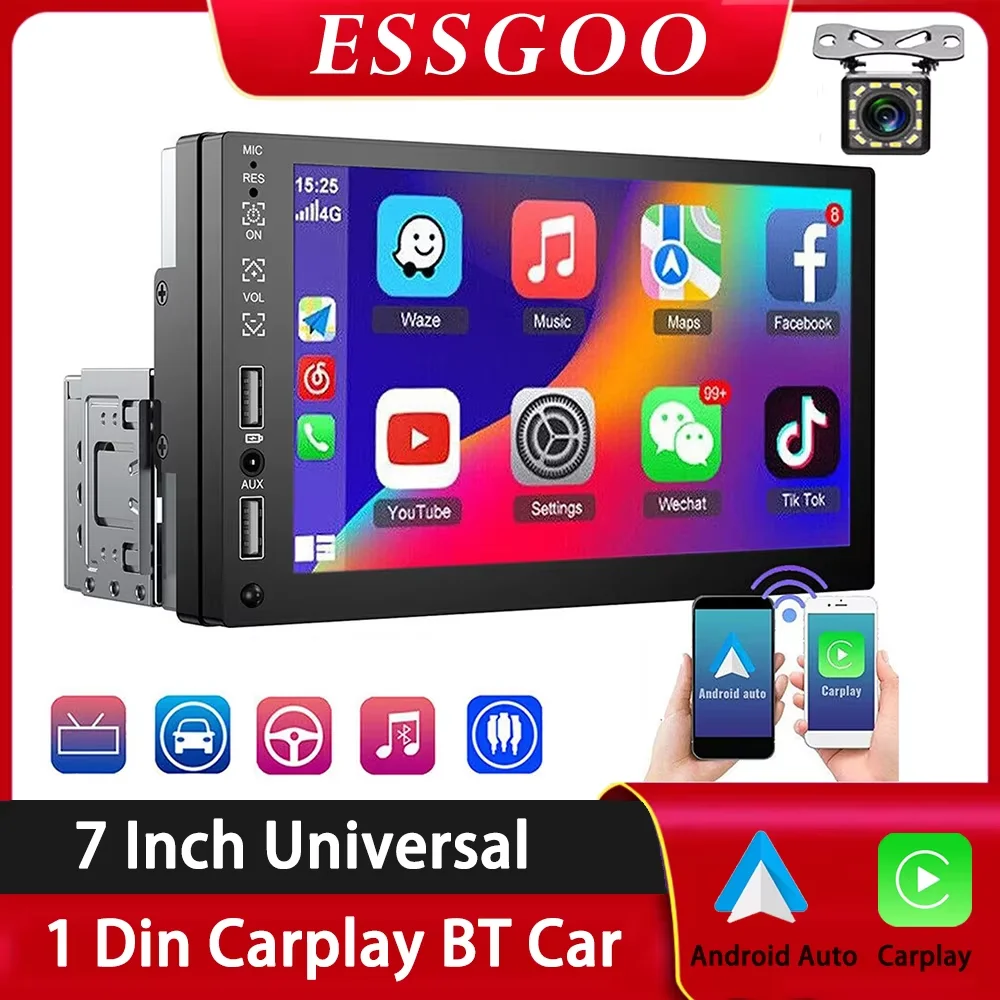 

ESSGOO 7 Inch Car Radio 1 Din Carplay Auto MP5 Player Touch Screen Multimedia FM Aux Bluetooth Mirror Link Universal Autoradio