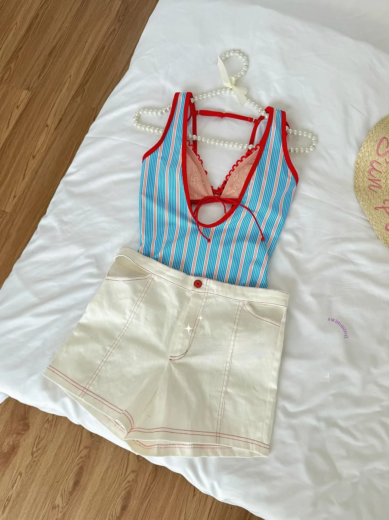 

Summer Sweetheart Blue Stripe One-Piece Two-Piece Set Beach Thermal Vaion Swimsuit Casual Swimwear Long Sve Fixed Bust Pad