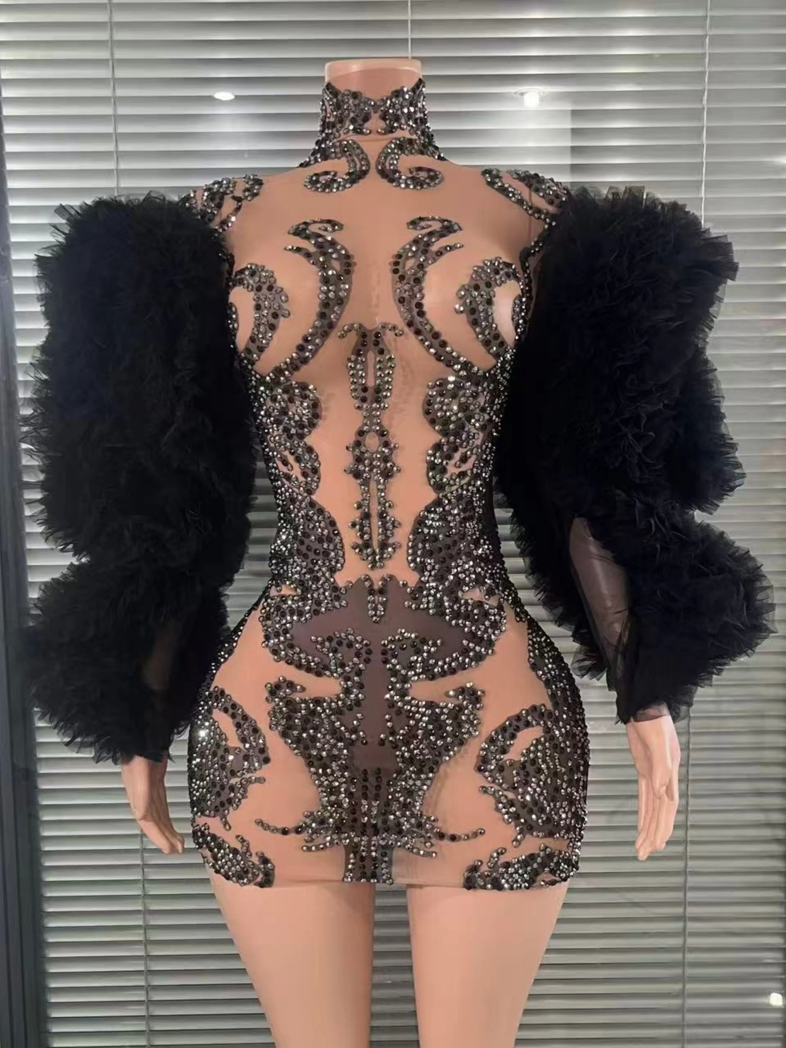 Avant-Garde Printed Rhinestones Long Puff Sleeve Bodycon Mesh MiniDress  Evening Club Party Nightbar Stage Performance