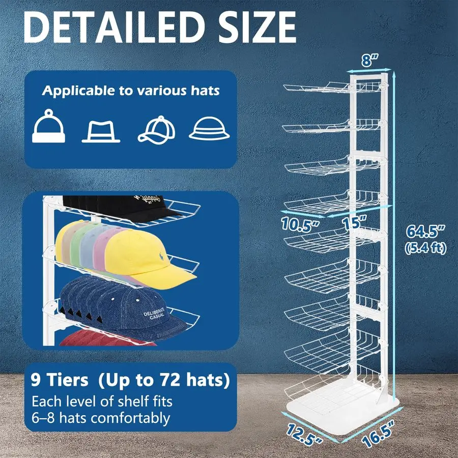 عرض 9 طبقات، حامل القبعة يصل إلى 70 قبعة، حامل القبعات المعدنية للقبعات المتعددة، عرض القبعات التجارية للبيع بالتجزئة، أبيض