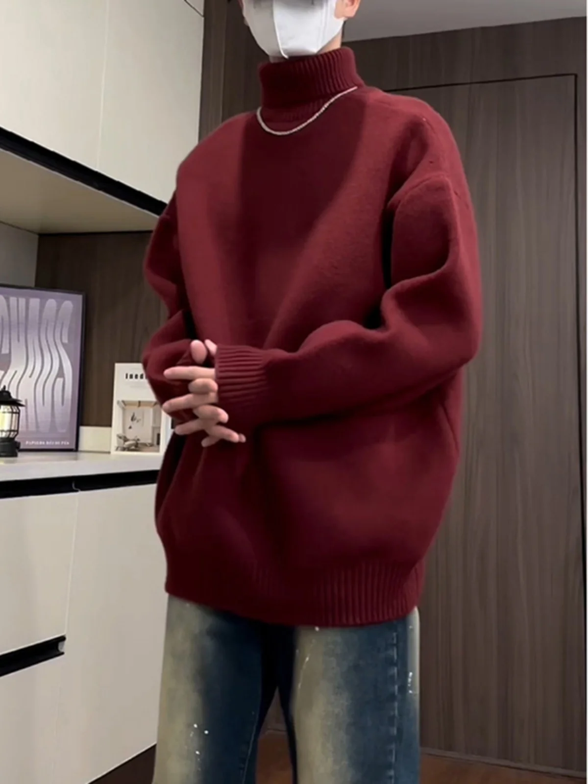 

Мужской трикотажный свитер в американском ретро-стиле, винно-красный, с высоким воротником, зимний, с флисовой подкладкой, повседневный, свободного кроя