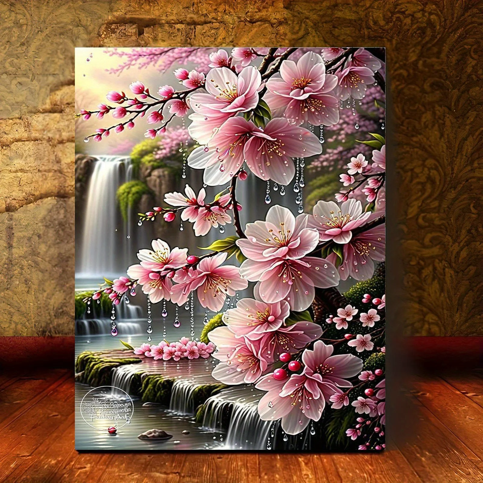 [Professional Art Use] 1pc Frameless Digital Oil Painting Kit, Aesthetic Peach Waterfall, Blooming Natural Romantic Poetic, I