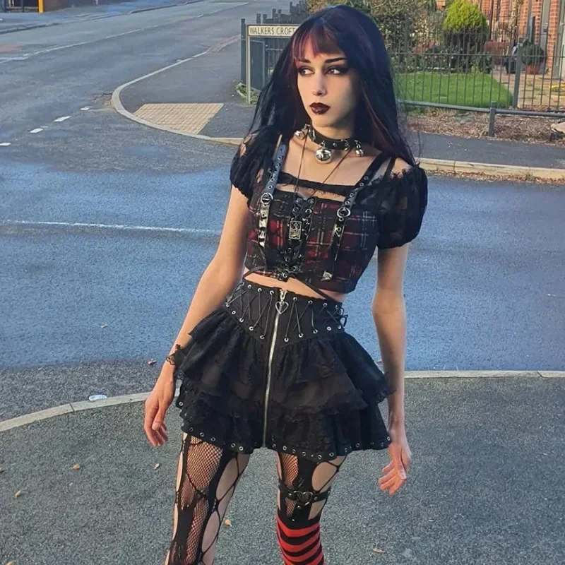 Goth Black Lace A-Line Mini Skirts for Women Y2K Vintage Bandage Lolita Summer Skirt Gothic Faldas Clothes 90s Streetwear