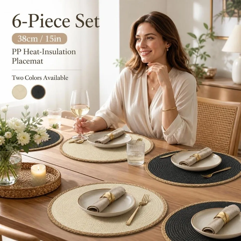 6pcs/set Bohemia Round Woven Placemats 15in Heat Resistant Boho Braided Table Mats Washable Non Slip Woven Dish Mats Halloween