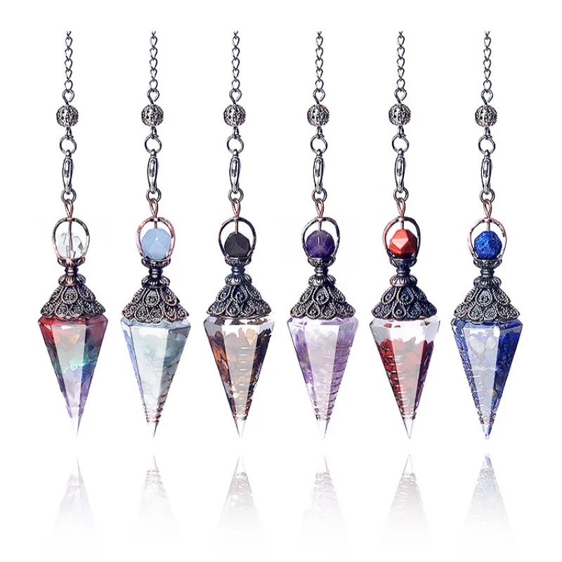 1pc Natural Stone Crystal Resin Crushed Stone Reiki Pendulum Amethysts Quartz Agate Hexagonal Cone Pendant Jewelry Accessories