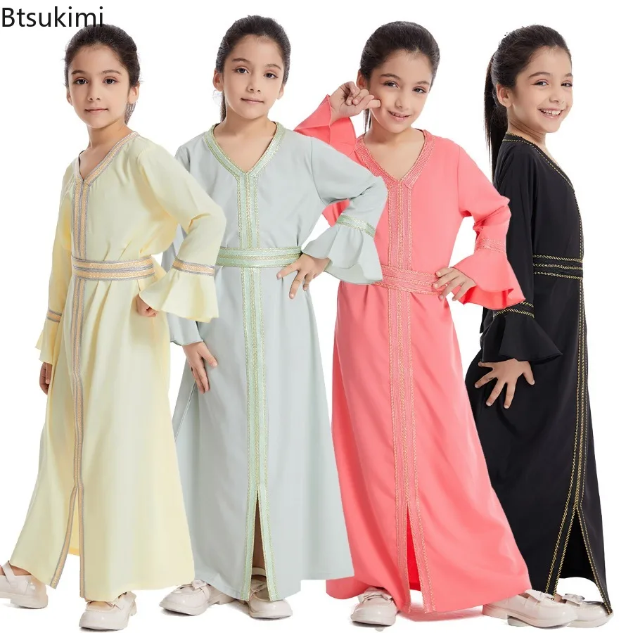 

Kids Muslim Abaya Prayer Clothing Girls V-neck Maxi Dress Dubai Turkey Kaftan Arabic Robe Morocco Eid Party Gown Caftan Children