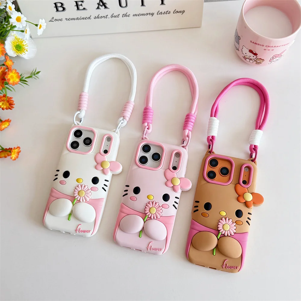 

Cute 3D HelloKitty Silicone Phone Case for iPhone 17 16 Plus 13 14 15 Pro 17 Pro Max Cover with Hand Rope Kawaii Shockproof Fund