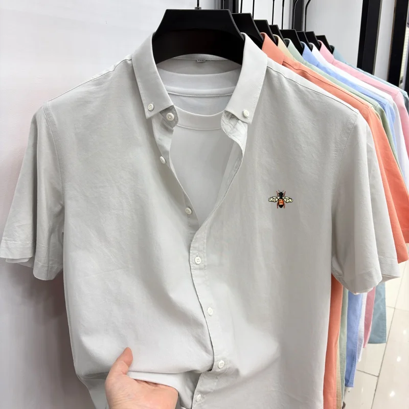 Trend brand short sleeve 100% cotton shirt summer new high-end bee embroidery lightweight breathable business casual lapel top